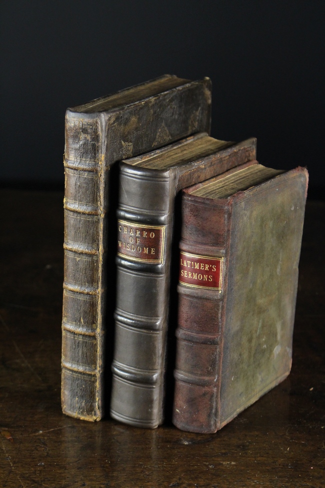 Three Early Leather Bound Books: 'Latimer's Sermons' 1570.