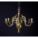 A Small Early 19th Century Dutch Brass Chandelier with six scrolling candle branches on a knopped