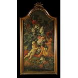 An 18th Century Arch-topped Oil on Canvas depicting three cherubs amongst a lavish display of