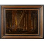 A Flemish Oil on Canvas: Architectural Church Interior with figures,