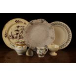 A Small Group of English Pottery (A/F): An intricately moulded saltglazed stoneware plate with