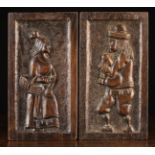 A Pair of 18th Century Oak Panels in the 16th century style carved with rustic figures of a woman