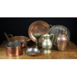 A Collection of Metalwares: A copper saucepan, frying pan with iron handle,