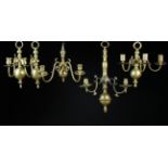 A Collection of Brass Wall Sconces with scrolling 'candle' arms on knopped wall mounts;