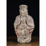A Romanesque Relief Carved Wood Sculpture of crowned Virgin and Child, 15 in (38 cm) in height.