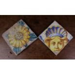 Two Antique 16th Century Maiolica Floor Tiles: One decorated with a lady's head wearing a scalloped