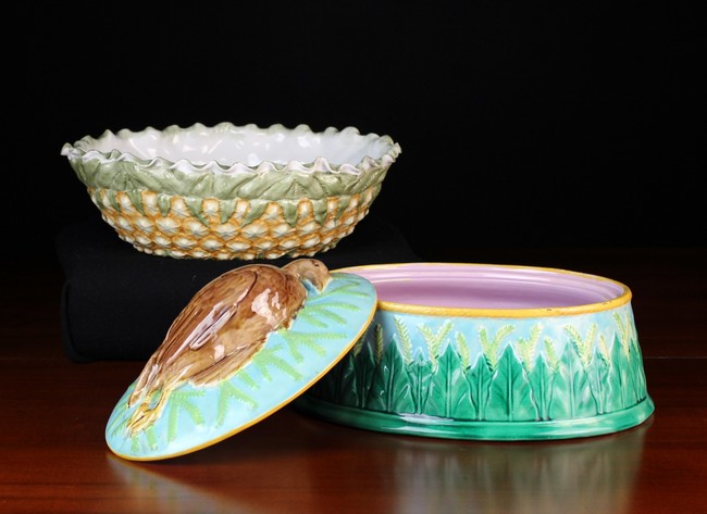 A Copeland's Relief Moulded Porcelain Pineapple Dish and a Majolica Game DIsh (A/F).
