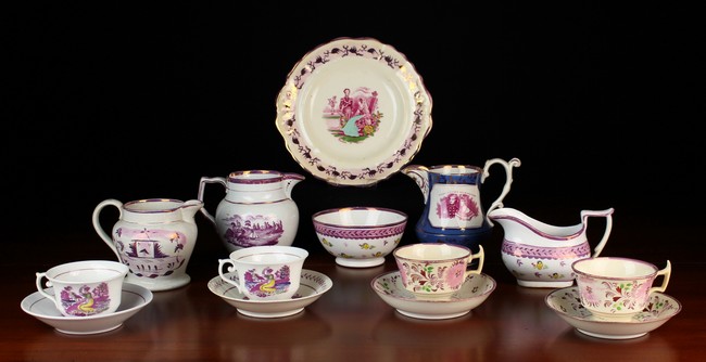 A Collection of 19th Century Sunderland Lustre Ware: A plate, a sugar bowl & jug,