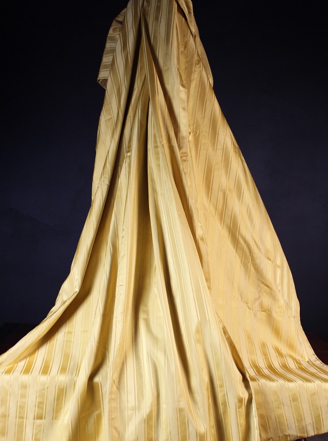 A Pair of Lined, Yellow Striped Curtains Approx. 97 in (246 cm) drop, 50 in (127 cm) wide.