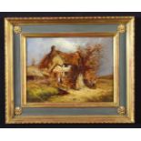 A 19th Century French School Oil on Panel: Study of a thatched cottage in landscape with peasants