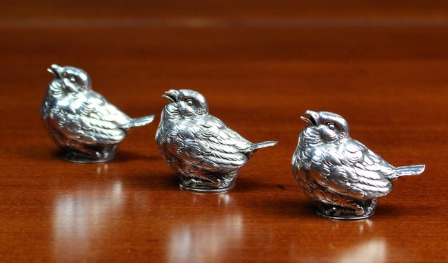 A Trio of Three Small French Silver Cruets modelled as chicks and stamped with poinçon for Ernest