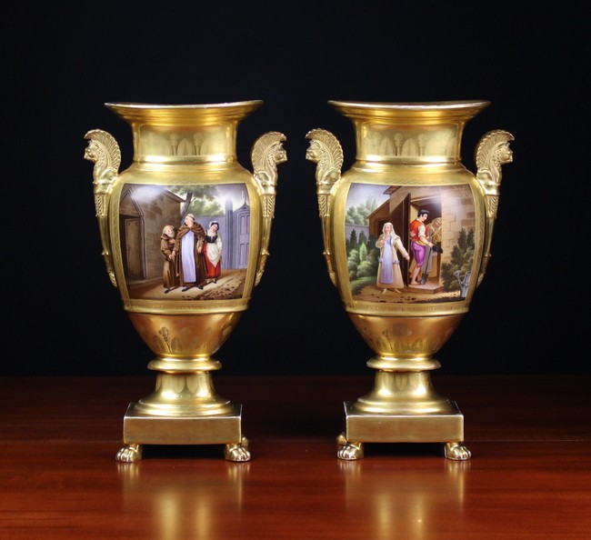 A Pair of French Empire Royal Palais Hard Paste Porcelain Vases by Darte Frères.