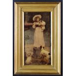 A Crystoleum after Elsley depicting a young girl stood on pedestal with dog and puppies,