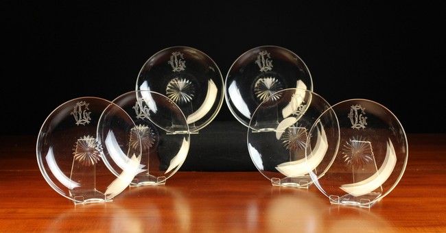 A Set of Six Fine Quality Crystal Salad Plates with etched & engraved monograms L.G.