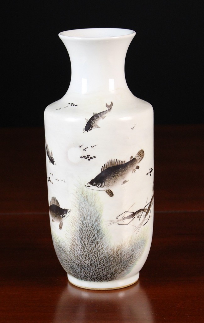 An Oriental Rouleau Vase decorated with fish and prawns amongst underwater weed,