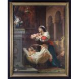 A 19th Century Oil on Canvas on woman with infant knelt before an altar, signed CLÉMENT,