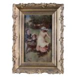 A Victorian Crystoleum signed Fred Morgan depicting three children in apple orchard gathering fruit,