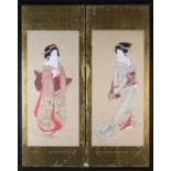 A Pair of Japanese Screen Panels painted with Geishas and mounted on gold paper within ebonised