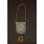 An Antique Blue Velvet Purse edged in metallic bronze lace on a long twin cord handle,