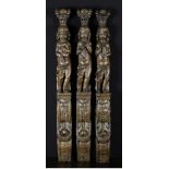 A Set of Three 17th Century Oak Figural Pilasters relief carved in the form of putti playing