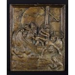 A Carved Oak Allegorical Panel with a typed paper label to back inscribed "Finely carved 15th