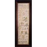 A Superb Mid 18th Century German Long Sampler worked in silks on linen with figural representations