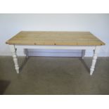 A Victorian style scrub top kitchen table with a painted base - Height 76cm x 183cm x 89cm