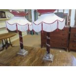 A pair of red overlay metal mounted glass table lamps with shades - Height 86cm