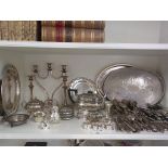 A large selection of silver plated items including serving trays, tea-pots, coffee pot,