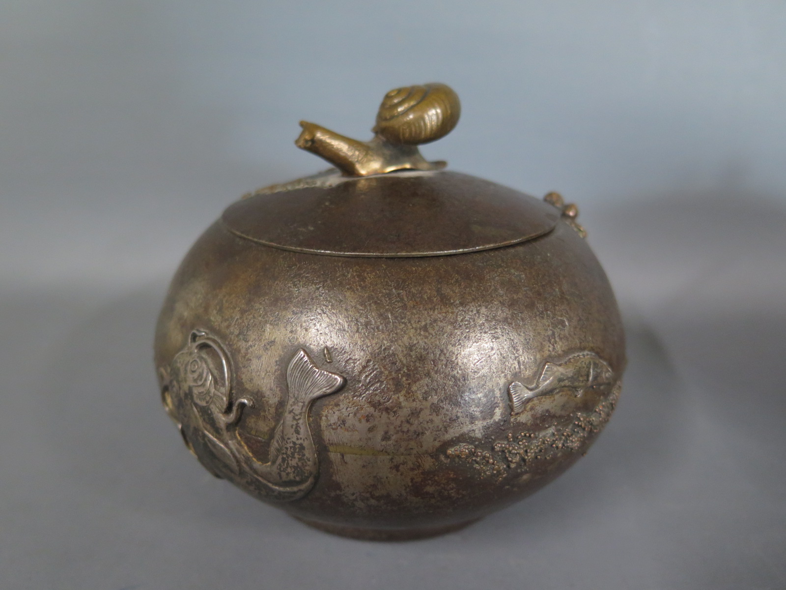 A rare 19th century Gorham & Co sterling silver and iron patinated lidded pot with Japanesque