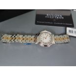 A ladies Bi colour Bulova Accutron diamond dot bracelet stainless steel watch with mother of pearl