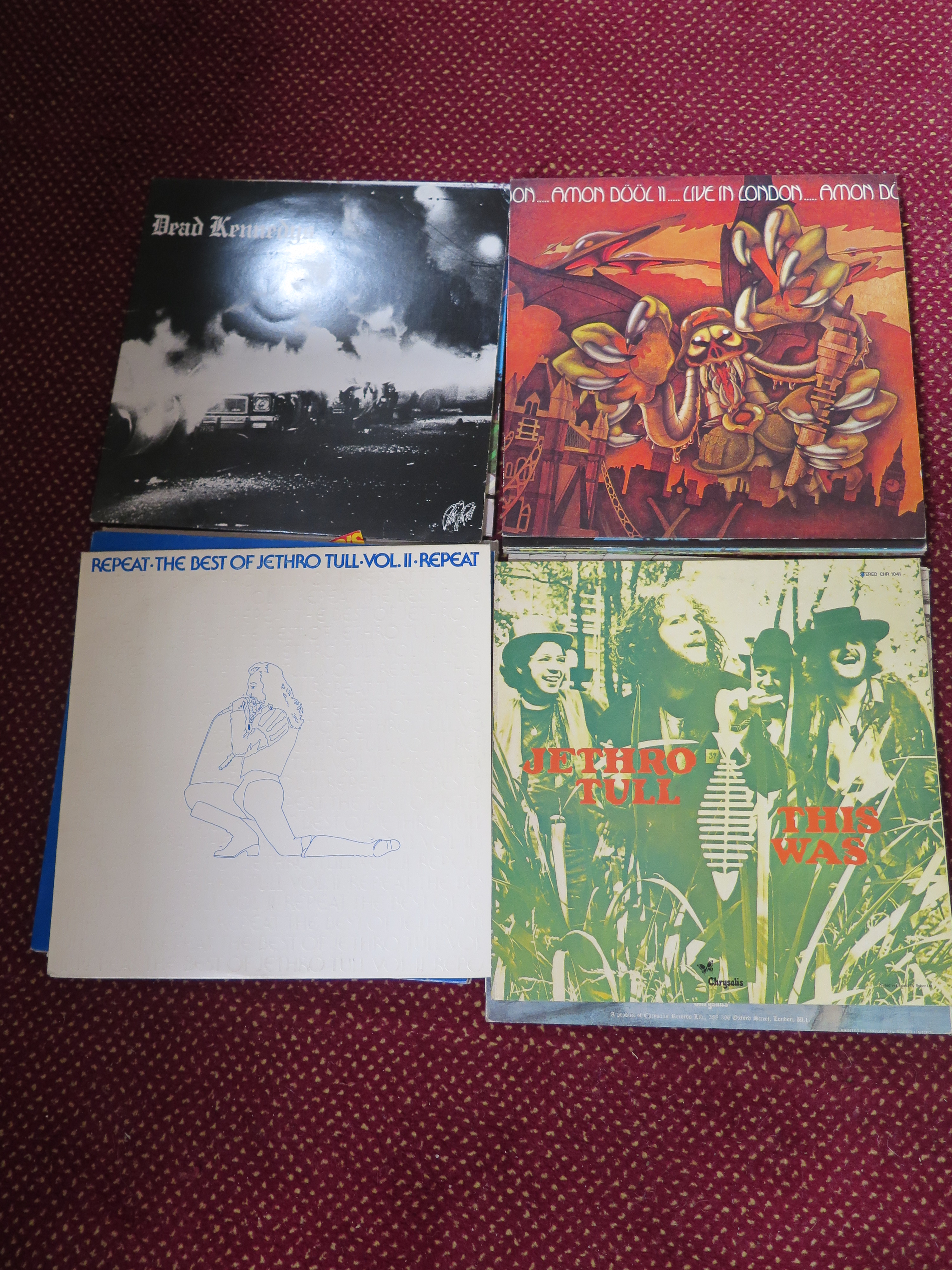 Two boxes of mixed records including Jethro Tull, Deep Purple,