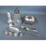 A selection of hallmarked silver and Sterling silver items including small sugar sifter mustard