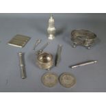 A selection of eight silver items - two £5 coins and a plated part Samson Mordan pencil - Silver