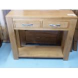 An oak ex display two drawer console table - Width 90cm x Depth 30cm x Height 77cm
