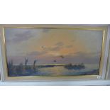 An oil on canvas Ducks on Estuary at Sunset - signed G Brochwer - small tear to canvas - 90cm x