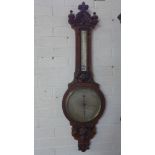 A Victorian oak Gothic style mercury barometer carved - Height 112cm