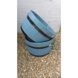 A pair of blue half barrel planters - Diameter 57cm