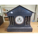 An oversized black slate architectural mantle clock - Height 51cm x Width 50cm - with pendulum and