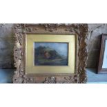 A gilt framed oil on board - Country cottage with figures to foreground - unsigned - 39cm x 33cm