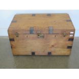 A stripped pine travel trunk with metal edges and fasteners - Height 45cm x Width 80cm