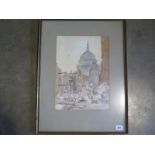 A watercolour of St Pauls Cathedral in the bombing of World War II signed G W Koop,