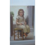 A modern oil on canvas of a young girl on a stool - 46cm x 31cm - un framed