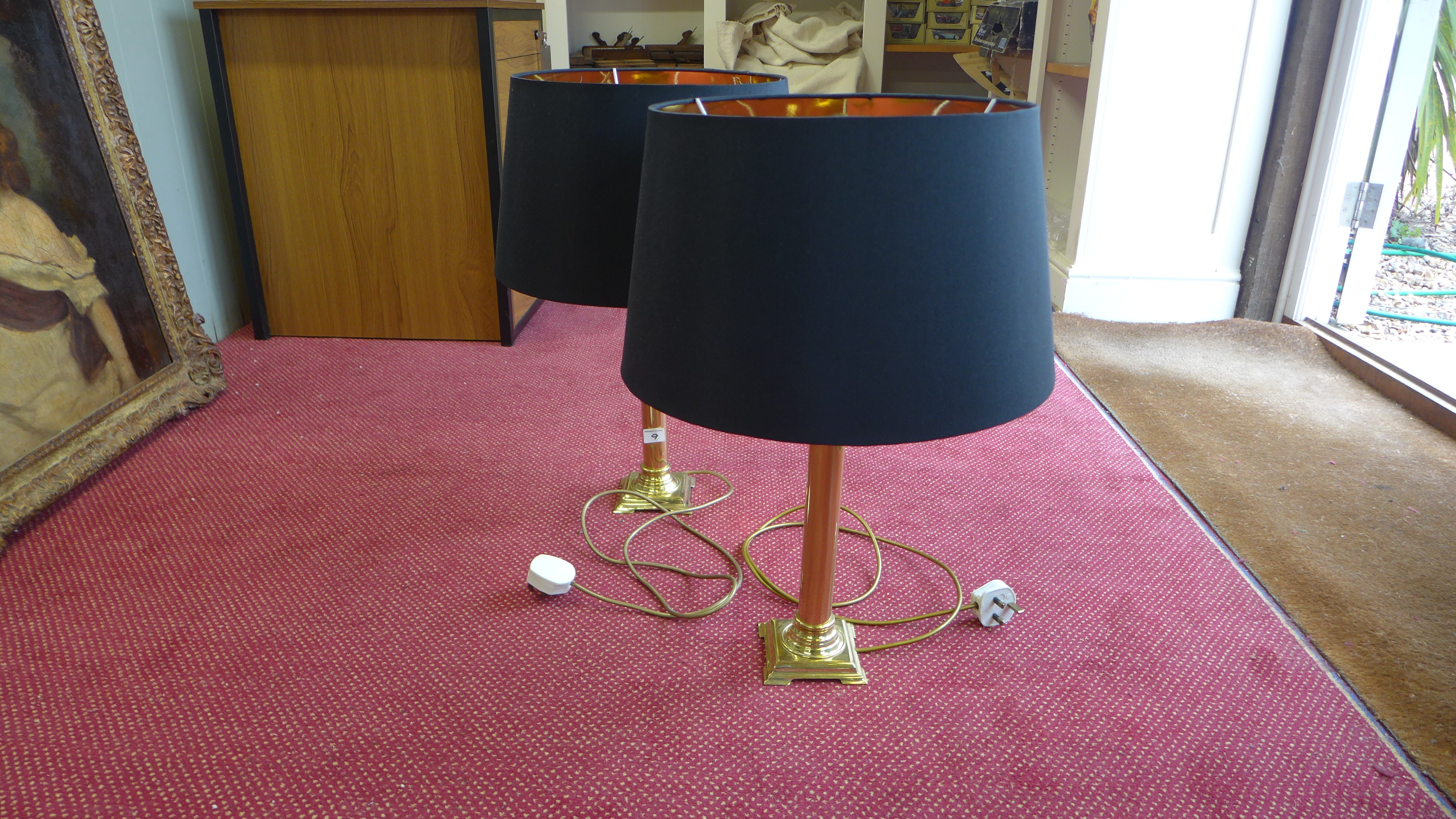 A pair of brass column table lamps standing 62cm high with shades - Image 2 of 2