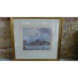 A framed and glazed watercolour - Highland Loch scene, boat to foreground,