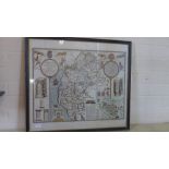 A John Speed map of Cumberland and the ancient city Carlisle - 47cm x 53cm - crack to rear glass