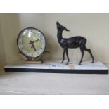 An Art Deco marble mantle clock with metal deer mount - face marked Silvoz Paris - Length 50cm