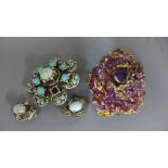 An amethyst pendant - tested and gold - a white metal and turquoise brooch and earrings - pendant