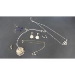 A 9ct gold chain with a heart pendant, a pair of silver earrings, a plated pendant,