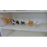 Five Beswick horses, chip to ear of black and white pony,